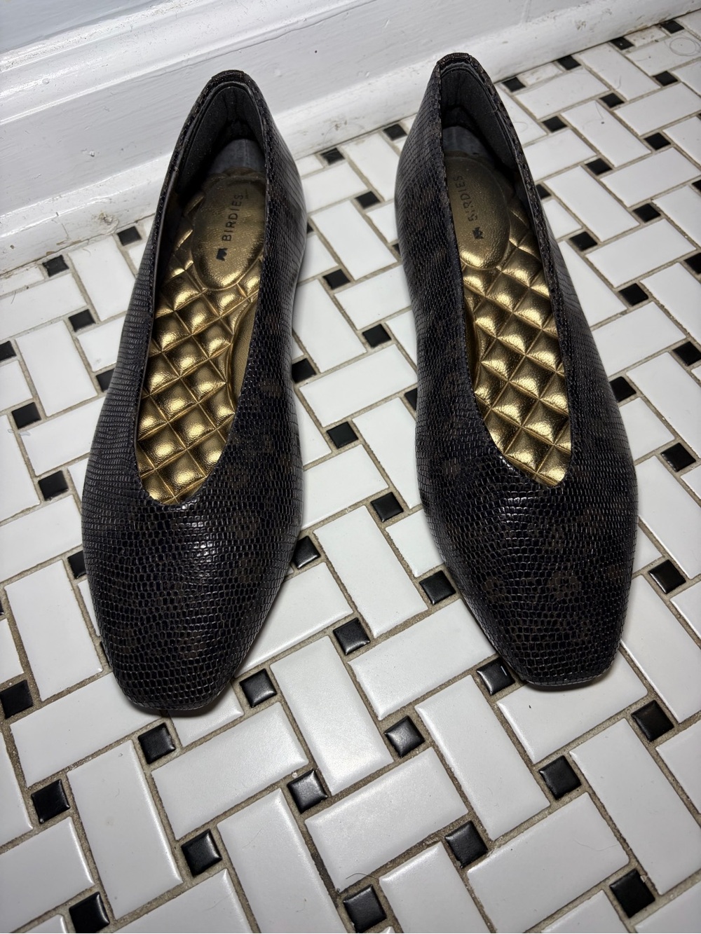 Birdies Black Textured Ballet Flats with Gold Quilted Insole